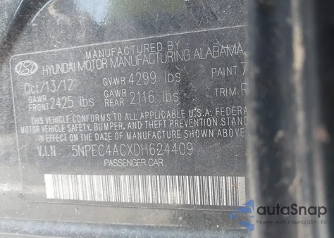 2013 Hyundai Sonata Se from USA, damaged, VIN 5NPEC4ACXDH624409